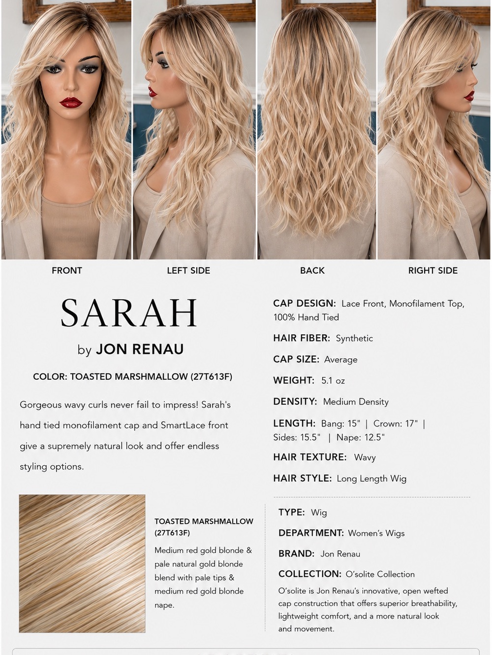 Jon Renau Sarah Long Wavy Wig in Toasted Marshmallow Blonde